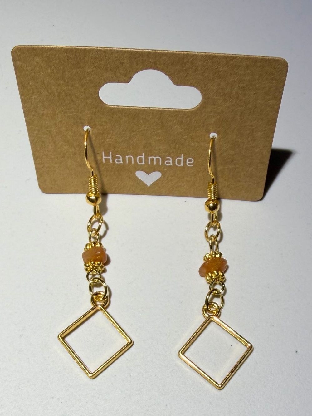 Handmade Gold Drop Earrings with Orange Bead Accents